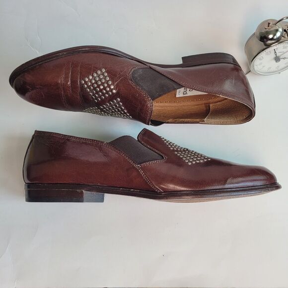 VTG 70s Studded Leather Loafer Shoe Cognac Men US 9 Slip On ITALY Carlo Morandi main image 6